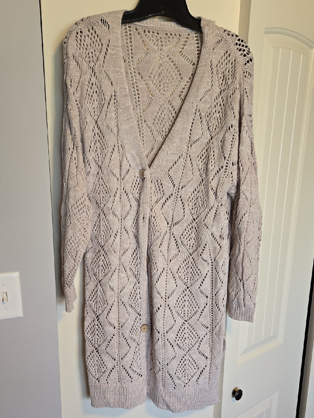 Light Taupe Open-Knit Long Cardigan Sweater